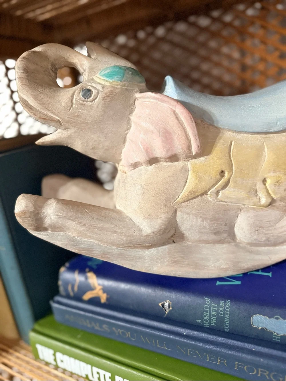 Hand Carved Vintage Rocking Elephant Nursery Pastel Kids Room Decor 16” Baby